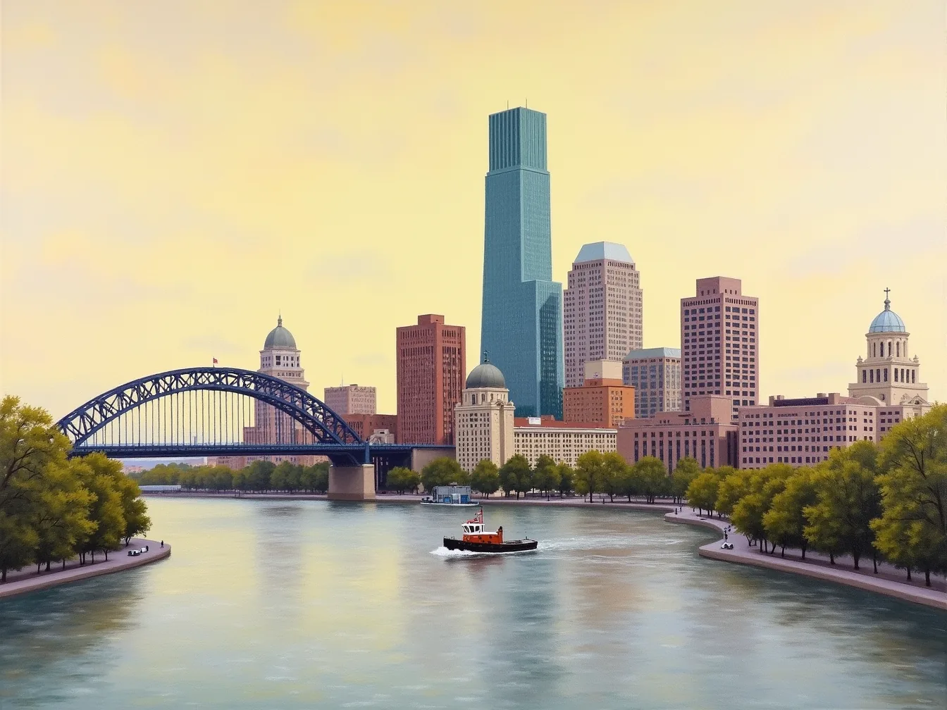 Impressionist painting of the downtown Toledo skyline across the Maumee River